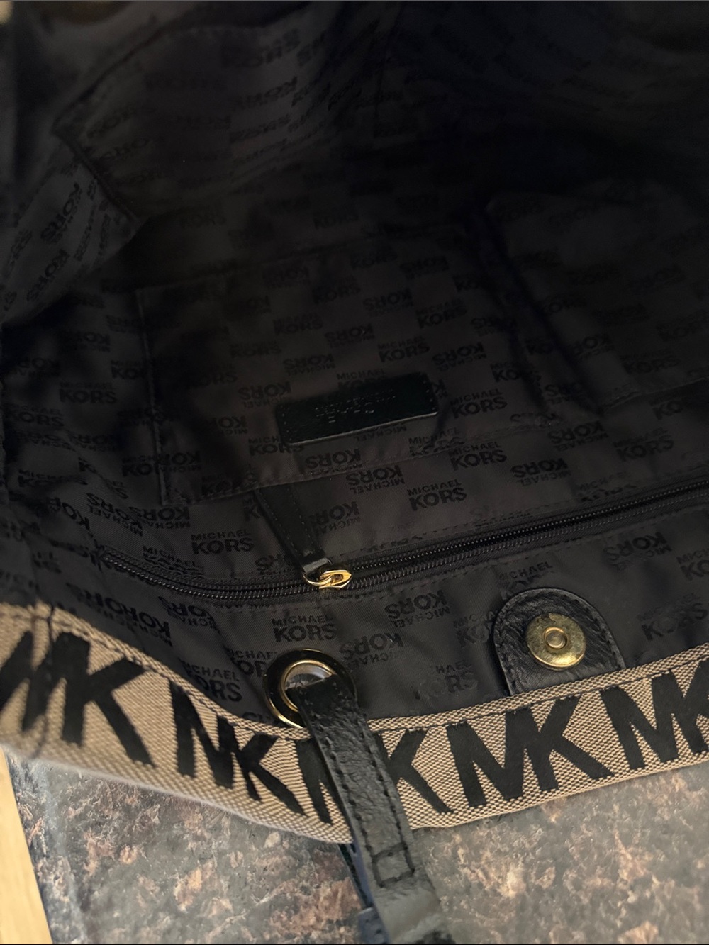 Michael Kors Black MK Monogram Canvas Tote with Tan Background - Picture 6 of 6